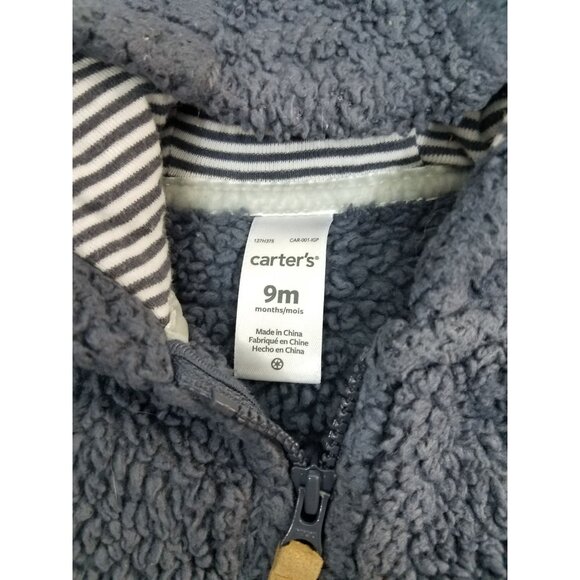 Carters Baby Boys Blue Fluffy Hooded Jacket 9M With Zipper & Pockets - Picture 2 of 8
